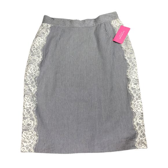 ISAAC MIZRAHI Blue White Striped Lace Pencil Midi Skirt Size 8 NWT - Picture 1 of 5